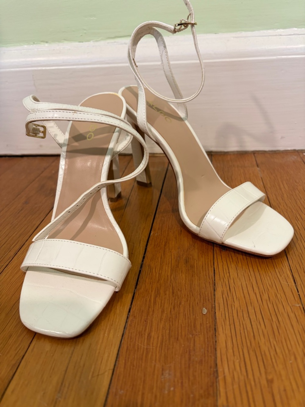 Aldo Cream Square-Toe Ankle-Strap Block Heels